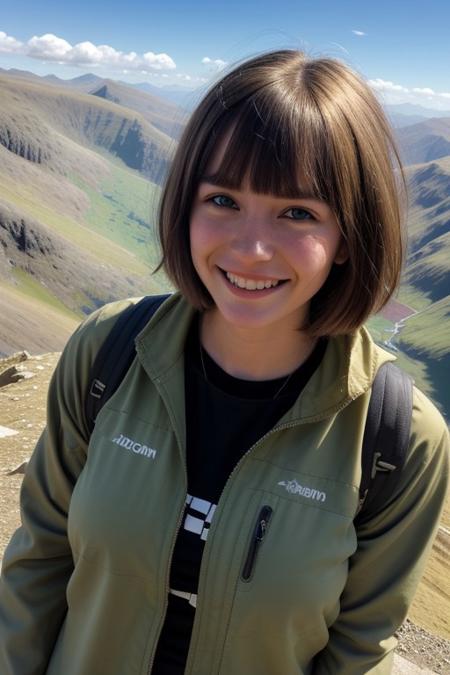 ((raw photo)),
Victoria 22 years old, hiking jacket, black tee, cargo pants, walking boots, blonde hair, messy bob cut, bangs, green eyes, close up, tanned skin, upper body shot, shy smile, on mount Snowdon.
