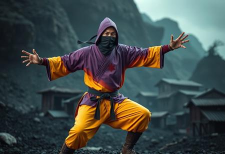 Senior Silver Ninja man, vibrant purple-yellow gi, black mask, red chest star, brown boots, dynamic action pose, arms outstretched, ready stance, against stark hidden village background, cinematic 4k, high-res matte painting, splash ink illustration, octane render, unreal engine 5, Raphael/Houdini style, captivating lighting, impeccable composition, creative angle, golden ratio, trending on Artstation, CGSociety.
