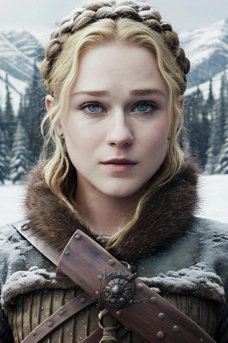 R@chelW00d, woman, viking outfit, snow in the background, winter season, photorealistic, realistic
