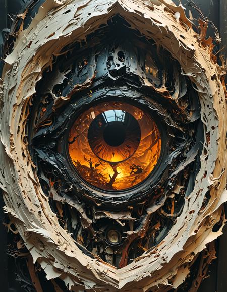 (The monster's eye glows with an enigmatic intensity, a luminous window revealing the fierce and untamed soul within.:0.5) ([Thick layered papercut art|Diesel futurism]:1.3)