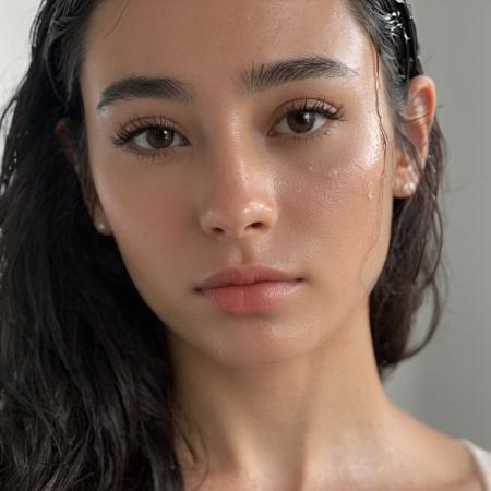 Portrait photo of a 25 year old woman with wet-looking lips, Nikon Z9, realistic matte skin, skin texture visible, (sharp focus), (high quality)