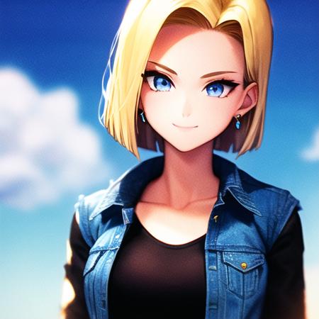 1girl, solo, android 18, blonde hair, blue eyes, short hair, jewelry, earrings, smile, jacket, looking to the side, denim, denim jacket, upper body, shirt, black shirt, closed mouth, cloud, sky, day, looking away, blue sky, collarbone,  <lora:android18:0.6> , <hypernet:sgqo1n:1.0>