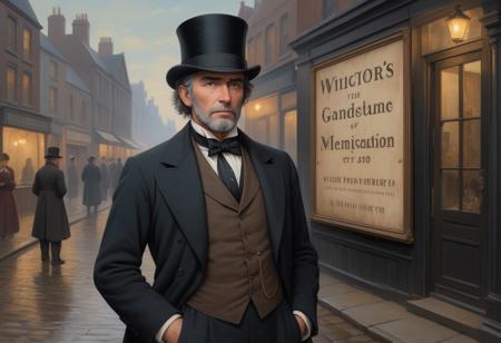 In the bustling streets of 1870s England, a stoic gentleman stands before a weathered sign. The man, withered but dignified, sports a fashionable top hat and a well-tailored suit, hinting at a past of wealth and sophistication. The scene, captured in a vividly detailed oil painting, showcases the man's weary expression and the faded grandeur of the surroundings. The artist's masterful brushstrokes bring out every crease in the man's face and every shadow cast by the dimly lit sign, creating a hauntingly beautiful tableau that transports viewers back in time.
