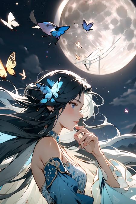 masterpiece,(masterpiece, top quality, best quality),1girl, hair ornament, bug, butterfly, long hair, moon, night, dress, blue hair, solo, upper body, water, flower, glowing butterfly, blue dress, sky, mountain, night sky