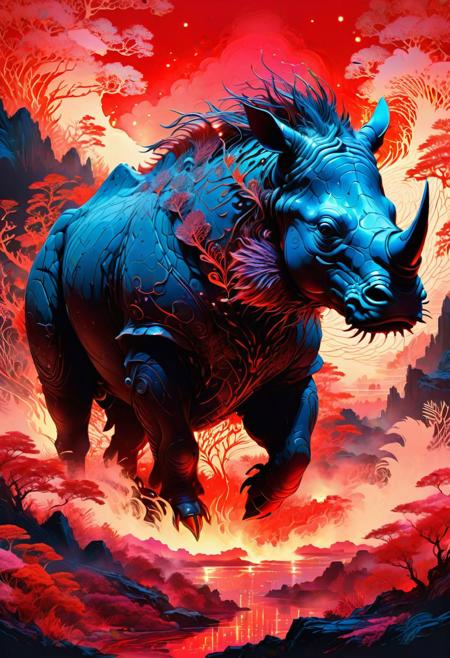 1rhino,Detailed complex chaotic seascape red burning light mysterious silhouette of phoenix,fung-hwang,UV-reactive, red light art concept by Waterhouse, Carne Griffiths, Minjae Lee, Ana Paula Hoppe, Stylized florescent art, Intricate, Complex contrast, HDR,OverallDetail, mineral color painting