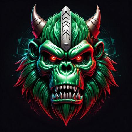A captivating image of an awe-inspiring modern and futuristic logo representing a Futuristic Assassin group is brought to life through the use of Nordic runes. The Logo showcases an intricate design of an detailed dark fur Majestic head skull ((Kong)), enveloped in a dark backdrop. Their eyes, gleaming in a striking red and green gradient hue, add an air of mystery to the composition. add 2 intersecting hockey sticks.
This highly detailed image, presented as a digital illustration, radiates a superior quality, leaving viewers in awe of its artistry.