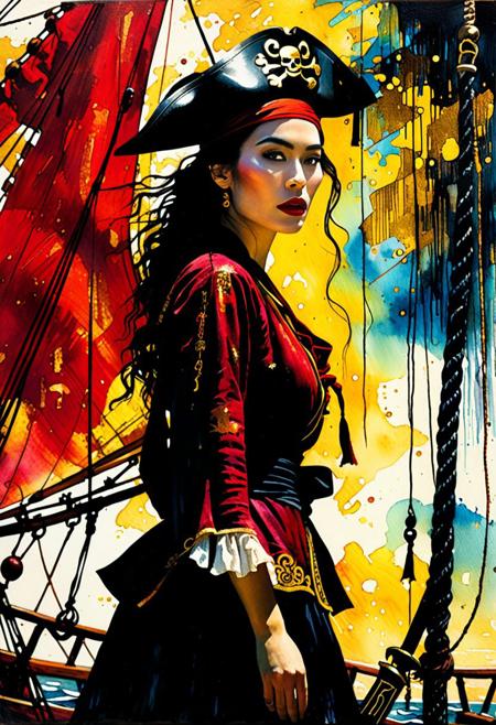 score_9, score_8_up, score_8_up, ((Cinematic composition)),((masterpiece)), (resplendent highlighting), 8k.1girl. (Full body). faded watercolours (Klimt :1.2) dadaistic collage (by Bill Sienkiewicz:1.5), strikingly beautiful, alluring face. brilliant spotlight effect.
1girl, (full body, facing camera, from low to the ground). beautiful Lebanese Chinese pirate with a Chinese cutlass, (dressed like a pirate). deep crimson and black and gold, ((full body)) pirate hat. She’s standing at the bow of a Chinese junk sail boat. (resplendent highlighting of her face). Charcoal and colourful oil pastels. impressionistic bidimensional.
surreal, intense colors, liquid, unreal parts, alluring, fluid, perfection, gothic. (Luminous skin dynamically highlighted), Illustration, (klimt:0.8) (Bill Sienkiewicz:1.5). maximum detail, Chinese watercolor and ink technique. Gold leaf highlights.
<lora:xl_more_art-full_v1:0.4> <lora:epi_noiseoffset2:1>3