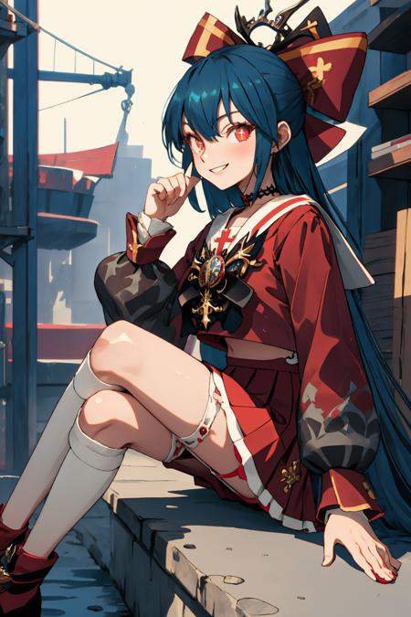 bianca, red eyes, long hair, blue hair, sitting, smiling, hand raised,
sailor collar, black footwear, kneehighs, pleated skirt, hair bow, <lora:TransferStudentBiancaERLora-04:0.8>