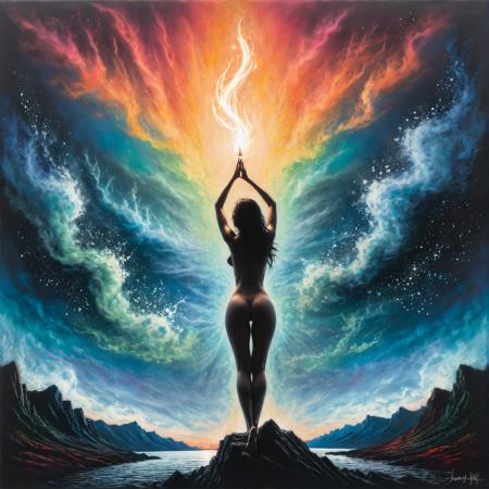 nude, by Shawn Coss, by David Burdeny, by Alena Aenami, casting a spell, oil pastel<lora:oil_pastel:1.00> <lora:more_art:0.40><lora:faetastic:0.25><lora:midjourney:0.15>