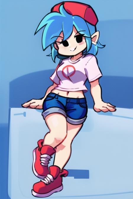 <lora:GSBF:1> GSBF, blue hair, 1girl, solo, shirt, smile, shorts, shoes, black eyes, hsort hair, pointy ears, full body , red hearwear, blue shorts, cap , hat , t-shirt , baseball cap, white shirt, midriff, looking at viewer, medium breasts