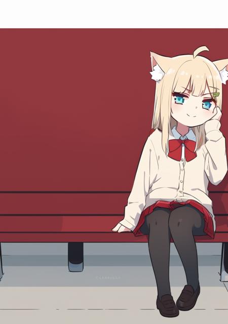 1girl,ahoge,animal ear fluff,animal ears,arm support,bangs,bench,black pantyhose,blonde hair,blue eyes,blunt bangs,blush,bow,bowtie,cardigan,cat ears,closed mouth,collared shirt,dress shirt,ear wiggle,eyelashes,full body,green cardigan,hair between eyes,hair ornament,hairclip,hand in own hair,hand on own cheek,hand on own face,loafers,long hair,long sleeves,looking at viewer,pantyhose,pleated skirt,red bow,red bowtie,red skirt,school uniform,shirt,shoes,simple background,sitting,skirt,smile,solo,tail,white background,white shirt,white shirt  <lora:xinzoruo-05:1>