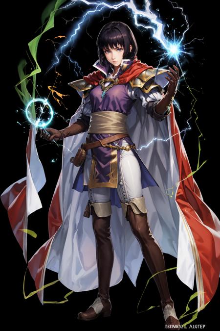 masterpiece, best quality, olwen, red cape, purple dress, sash, brown gloves, white pants, brown boots, conjuring lightning bolts, casting magic, field, furrowed brow, whole body, standing, black background, simple background, feh <lora:olwen-nvwls-v2-000012:0.9> <lora:FEH_Concept_v2:1>