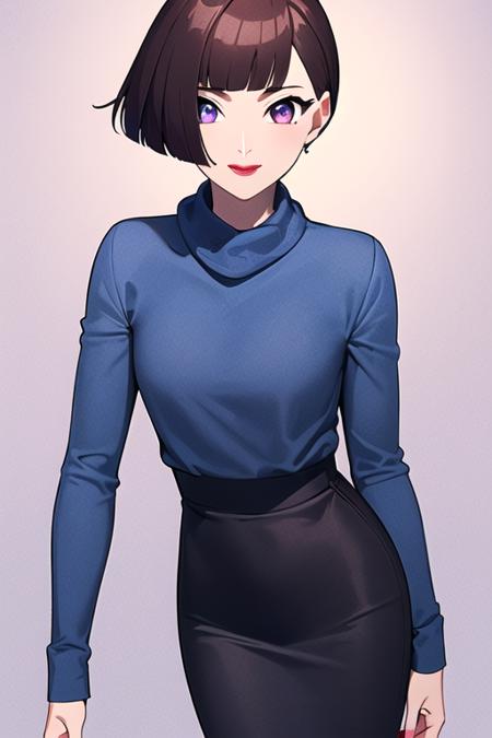 masterpiece, best quality, <lora:daidouji_sonomi:0.7> daidouji_sonomi, 1girl, solo, short hair, brown hair, purple eyes, looking at viewer, lipstick, makeup, looking at viewer, blue sweater, long sleeves, ribbon scarf, blue skirt, pencil skirt, facing viewer, detailed face and eyes, smile, simple background, pink background, delicated ilumination