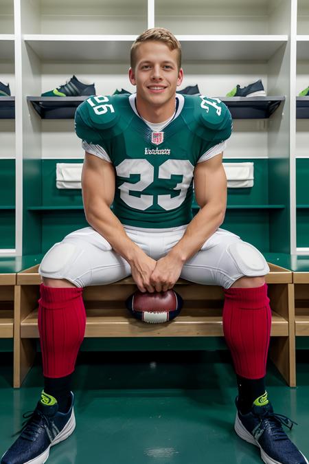 In an American football locker room, (sitting on a locker room bench), legs spread open, ZacDeHaan is a (American football player) wearing (red color jersey:1.3), ((shoulder pads)), ((jersey number 25)), (white football pants and thigh pads:1.3), (green socks:1.4), (long socks), (black sneakers:1.2), smile, highly detailed, sharp focus, masterpiece, (((full body portrait))), (full body), wide angle, (high face detail)  <lora:ZacDeHaan:0.8>