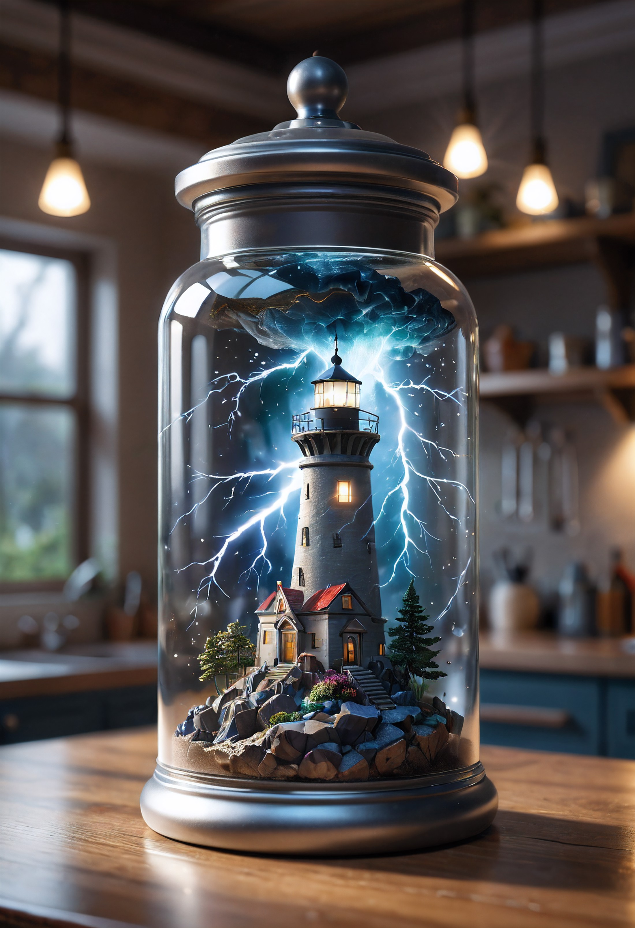 sci-fi style epic scene, an optical illusion of a lighthouse in a storm, lightning storm, inside of a glass jar. glass jar...