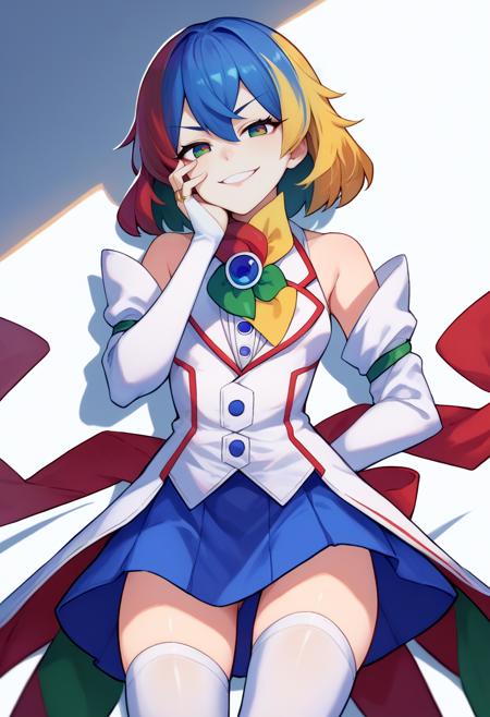 googlechrome, multicolored eyes jacket, brooch, detached sleeves, bridal gauntlets, blue skirt, white thighhighs