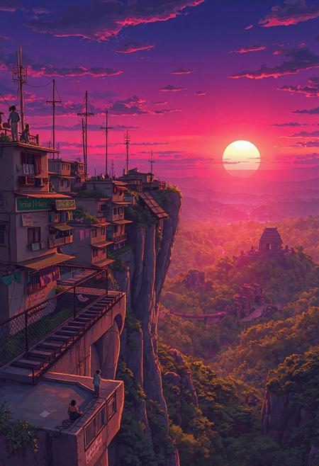  anime style, 2d, cartoon, flamboyant style, peoples watching the sunrise from the roof of a high-rise,  Apartments on the tops of cliffs, connected by suspension bridges, signs, laundry on ropes, antennas, dense forest around , in the distance ruins of ancient temples, on the horizon the rising sun with purple pink golden shades