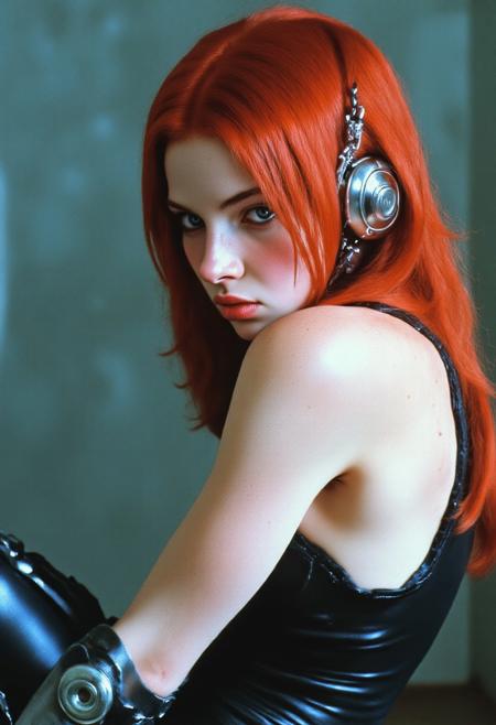 ArsMovieStill, film-grain, movie still from a 1990s indie movie, Close-up portrait of a melancholic cyborg girl, porcelain skin with freckles, metallic orange-red long glowing hair, dark dramatic eye makeup, alt girl/punk style cyborg face, chain adornments on forehead and ear, robotic body, segmented with circular joints, soft lighting, dark greenish-gray background, cyberpunk, biomechanical, vulnerable, futuristic, gritty, neon-lit slight overexposure