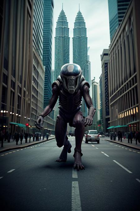 cinematic film still of  <lora:xenomorph style SD1.5:1>
Xenomorph,full body,endoparasitoid extraterrestrial species,solo,open mouth,teeth,tongue,blurry,no humans,blurry background,fangs,sharp teeth,monster,realistic,alien , horror themed, dark themed, cinematic, film still, xenomorph style, shallow depth of field, vignette, highly detailed, high budget, bokeh, cinemascope, moody, epic, gorgeous, film grain, grainy, background KLCC, Malaysia Street,