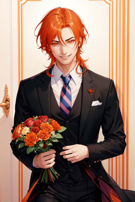 Gambit, Le Diablo Blanc, Remy Lebeau, long hair, smile, short hair, 1boy, male focus, solo, shirt, black hair, long sleeves, dress, holding, jacket, white shirt, flower, necktie, teeth, striped, collared shirt, pants, orange hair, black jacket, rose, black pants, formal, suit, red flower, blue necktie, red rose, bouquet, striped necktie, holding bouquet, <lora:GambitVwhatever:0.8>