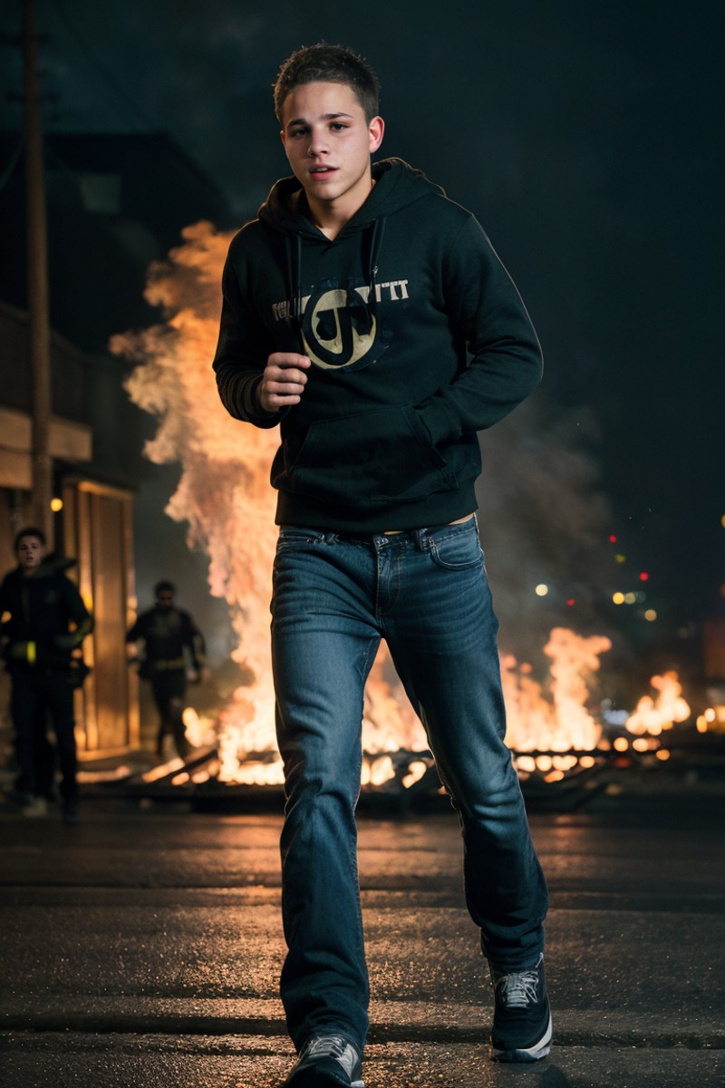 Photograph,22yo slim Man dg_ShawnPyfrom,as angry,running,wearing black hoodie jeans,riot fires background,anarchist,bokeh,...