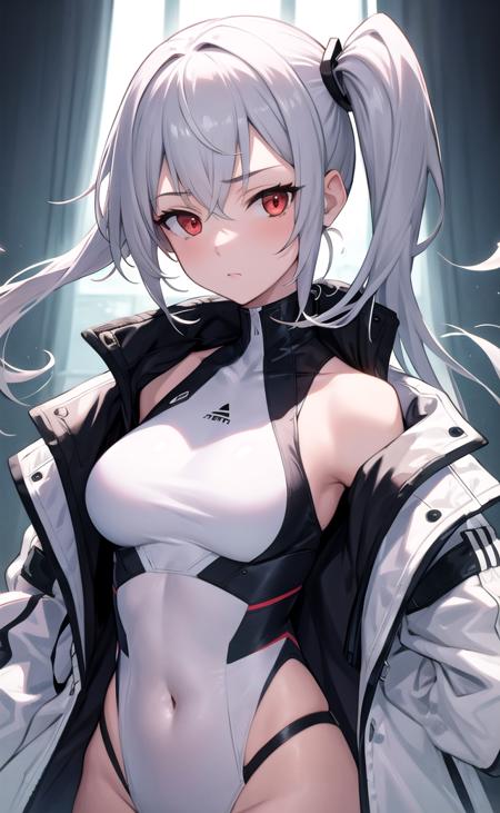 masterpiece, best quality, aesthetic, 1girl, solo, red eyes, silver hair, side ponytail, sidelocks, white jacket, open jacket, white leotard, taut clothes, covered navel, strap, breasts, (upper body), looking at viewer, tachi-e, cinematic lighting, sharp focus