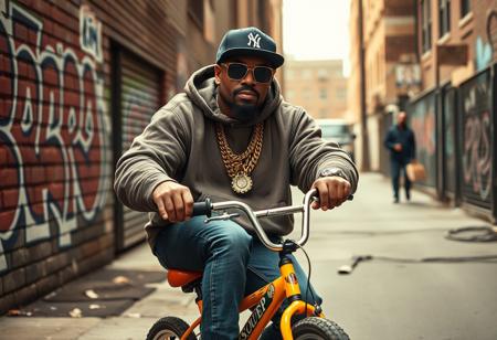 Create a highly detailed, realistic photographic image captured with an aspherical Panavision 105mm lens effect. The scene features a big, heavyset rapper with a bold hip-hop style, inspired by Snoop Dogg and 50 Cent, riding a small, colorful young boy’s bicycle. The rapper wears large gold chains with diamond accents, oversized sunglasses, and a fitted cap turned slightly to the side. His outfit includes a baggy hoodie, jeans, and classic sneakers, with visible tattoos on his forearms. His expression is cool and confident, capturing classic hip-hop swagger. In the background, set in the Bronx, is a gritty urban environment with graffiti-covered walls and a hint of street activity, including someone discreetly smuggling a small, suspicious package. The scene combines realism with a dramatic urban vibe, highlighting hip-hop culture and the street’s raw atmosphere