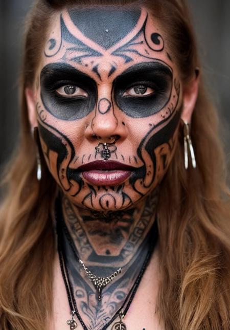 a close up of a person with tattoozfcs on their face and tattoozfczfc on her face and a chain around her neck and a necklace around her neck, half man half asian black bull, huge bulbous pitch black eyes, meth head, facebook, inspired by James Bolivar Manson, tattoozfczfc, reddit, solo, jewelry, 1girl, earrings, brown_hair, long_hair, looking_at_viewer, necklace, portrait, tattoozfc, brown_eyes, lips, realistic, closed_mouth <lora:tattoozfczfc_v1.0_10800_lora:1>