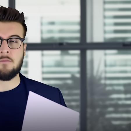 1boy, male_focus, Pitch Meeting, a man  holding a piece of paper in his hand and a folder in his other hand, in front of a window, cinematic lighting, rim lighting, PitchMeetGeorge