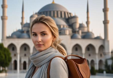 A hyper-detailed, ultra-photorealistic 8K travel portrait of a 40-year-old woman with sleek blonde hair tied back. She has soft wrinkles, subtle expression lines, pale skin with natural texture, and realistic facial details. The face is symmetric and rendered with lifelike shading and consistent lighting. Walking past the Blue Mosque in Istanbul at sunset. She wears high-rise beige jeans, a soft grey linen blouse, and a lightweight scarf draped over her shoulders. In her hand is a Nikon D5300, and a worn brown leather shoulder bag crosses her chest. Her face glows with warm golden Turkish light. Shot with Nikon D5300, 50mm lens, f/2.8, ISO 100. Background: softly blurred domes and minarets. Style inspired by Steve McCurry's vibrant portraits with rich cultural context. realistic human face, accurate eyes and mouth, high detail, no distortion,