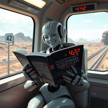 Robot humanoid woman sitting in futuristic train and reading a book "The Hitchhiker's Guide to the Galaxy", she is laughing. Train is passing by post with sign 42. There is electronic clock showing time 4:42 in train. train is passing by futuristic landscape.