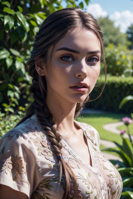 a photo of S097_DianaBabyna, a beautiful woman, in a (garden), wearing a (modern flower-shirt:1.1), braids, (8k, RAW photo, best quality, depth of field, ultra high res:1.2), (absurdres, intricate, photorealistic, masterpiece, ultra-detailed, Unreal Engine:1.3)