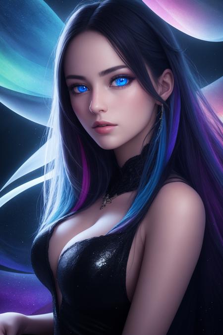 famous artwork, sharp focus, high quality, a portrait of a stunning woman, reclining, wearing a dress, hyper detail, light particles, chromatic aberration, blue eyes, chocolate hair, eyes focus, bioluminescent background,