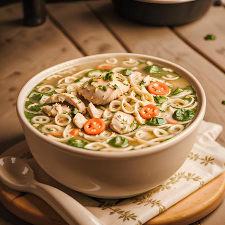 RAW photo, chicken nnoodle soup, <lora:foodphoto:1> foodphoto, dslr, soft lighting, high quality, film grain, Fujifilm XT