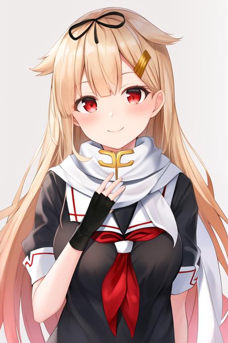 masterpiece, best quality, highres, solo, {yuudachi_kantaicollection:1.10}, blonde_hair, long_hair, ribbon, hair_ribbon, hair_ornament, hair_flaps, hairclip, red_eyes, black_ribbon, smile, serafuku, blush, breasts, 1girl, scarf, school_uniform, upper_body, looking_at_viewer, neckerchief, white_scarf, black_serafuku, fingerless_gloves, gloves, red_neckerchief, simple_background, short_sleeves, white_background, black_gloves