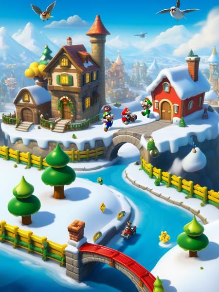 <lora:10NaturalismPainting_Hap_XL:1.5>, Thomas Moran style,oil painting,nature,landscape, One Gamer Adventure,Logoï¼Bob esponja con un lambo y pacas de billetesï¼Cartoon car chaseï¼Game level map, game ui, winter, christmas vibe, bird flight view, cartoon style, warcraft, blizzard, pixar, disney style, 3dï¼a path with fences and houses around it in the Mario Bros styleï¼