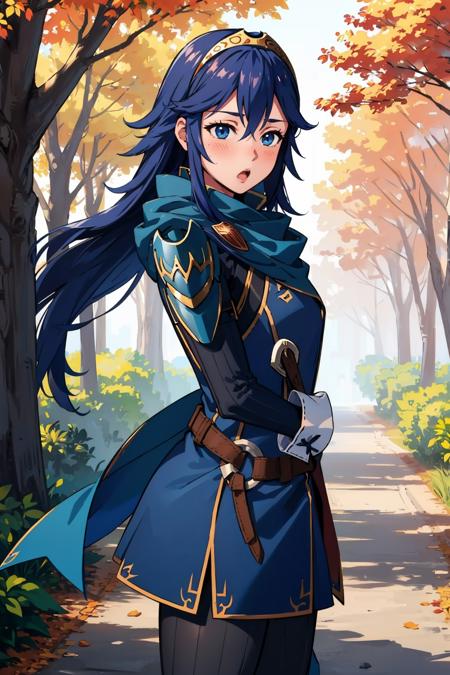 masterpiece, best quality,  <lora:lucina-nvwls-v1-000008:1> defLucy, tiara, cape, blue scarf, blue coat, shoulder armor, long sleeves, cuffs, belt, fingerless gloves, black pantyhose, thigh boots, cowboy shot, :o, blush, from side, village, autumn