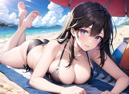 masterpiece, best quality, ultra-detailed, illustration, warm lighting, bright colors, 1girl, (shin_jia), bangs, black_hair, blue_eyes, hair_between_eyes, long_hair, solo,


beach, sun, sand, water, ocean, beach ball, sunshine, bathing suit, bikini, swim wear, volley ball, towels, drinks, umbrella, lying down,

 <lora:Shin_jia:0.65>