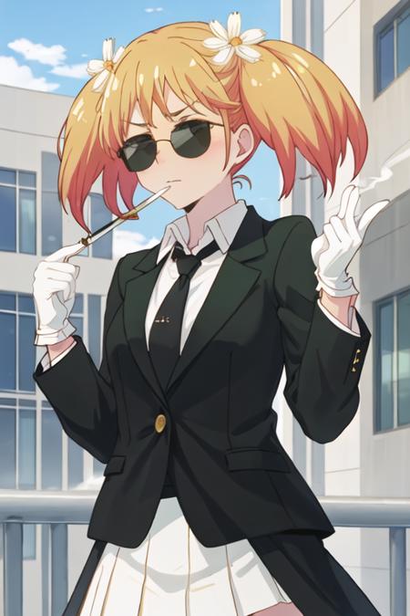 best quality, masterpiece, highres, solo, {black business suit:1.40}, {tie:1.20}, {sunglasses:1.25}, {white gloves:1.15}, {white shirt:1.10}, {black skirt:1.15}, {smoking:1.20}, handsome, {yuu_sonoda_sakuratrick:1.15}, blonde_hair, blush, flower, hair_ornament, hair_flower, twintails, short_hair, green_eyes