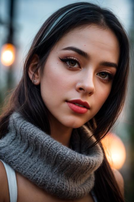 photo of (EPBl0dvy:0.99), closeup portrait, perfect hair, (modern photo,Tassel knit shawl), 24mm, (analog, cinematic, film grain:1.3), ((ai-driven smart factory,  serpentine stone,asphalt, gas lanterns, solar garden lights, gradient:1.1)), ((detailed eyes)), ((eyeliner, long lashes)), (index finger raised), (epicPhoto), long eyelashes, (perfect waist), (painted lips)