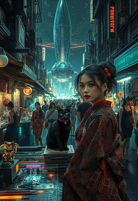 Setting is a futuristic cyberpunk street market at night, the market is comprised of street vendors selling robot parts, food, weapons, and robots. People wearing futuristic cyberpunk clothing are walking through the street market shopping and eating, A sleek black cat with red collar sits on a cluttered metal riveted desk with transparent top and micro-LED lighted computer components visible inside, On the desk is an ebony and gold maneki neko statue and futuristic art deco lighting, (((a beautiful woman, 24 years old, is standing in the foreground facing the viewer, she has an expression of interested curiosity)))))), the sleek black cat with red collar is sitting on the desk and watching the people walking by in the busy street market, the woman is dressed in futuristic cyberpunk Japanese style yukata with a plunging neck line alluring but Japanese classic aesthetic. An enormous art deco inspired starship with futuristic lighting and an enormous space station are visible in the background among the stars, The woman's hair is elegantly tied up with a ribbon. Artistic cyberpunk, dynamic perspective, (((overall architectural aesthetic is Art Deco Cyberpunk))).  Epic image that elicits a feeling of wonder and awe,