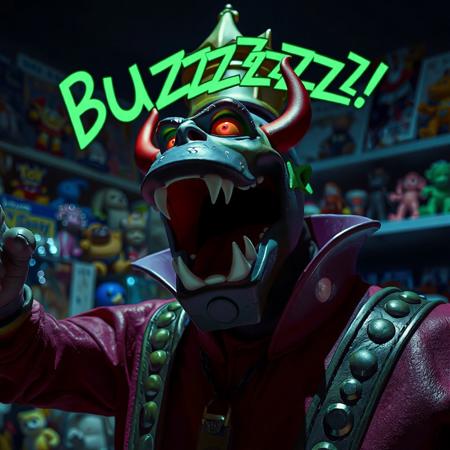 Hyper realistic Emperor Zurg from toy story movie screaming ‘BUZZZZZZZ’ in a dark toy store at night, focus on lettering