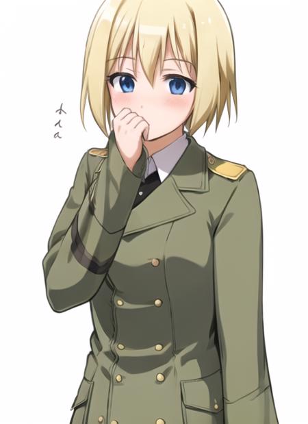 <lora:Smellingself2:0.7> Smellingself2, 1girl, solo, blush, short hair, blue eyes, blonde hair, simple background, white background, uniform, military, military uniform