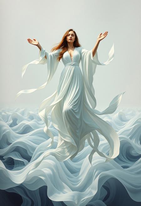 A mythical sorceress levitating above a sea of shifting,  peace and harmony, predominantly white, varnish, graceful ribbons, bold color fields, contemplative expression, architectural splendor, abstract flows, movie shoot , overlapping geometric shapes