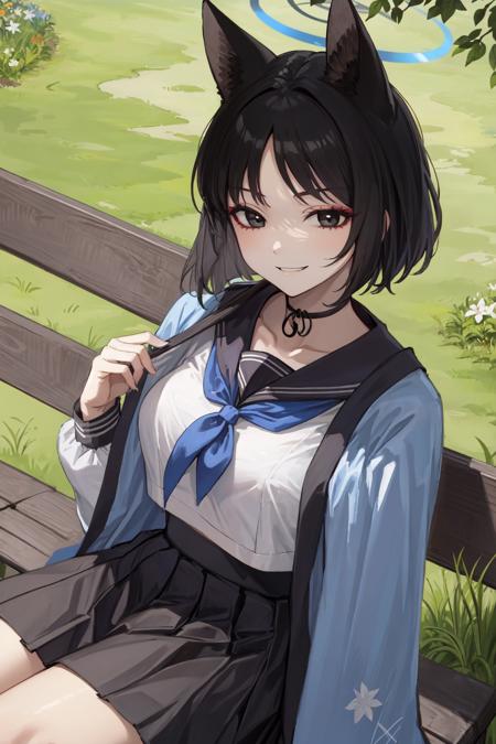 masterpiece, best quality, highly detailed, detailed face, complex background, outdoor, flower garden, grass, shiny, 1girl, solo, kikyou, short hair, animal ears, black hair, black eyes, halo, blue halo, choker, medium, breasts, breasts, shaded face, serafuku, school uniform, sailor collar, skirt, pleated skirt, black sailor collar, black skirt, sit, sitting, sitting in bench, ((shaded face, eyeshadow)), looking at viewer, evil face, evil smile, <lora:kikyou-09:0.7>