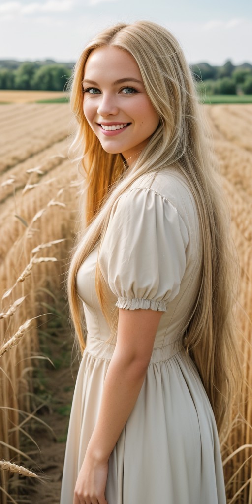 one female,long hair,blonde hair,smile,close shot,medieval,wheat field in background,standing on a dirt road,photorealisti...