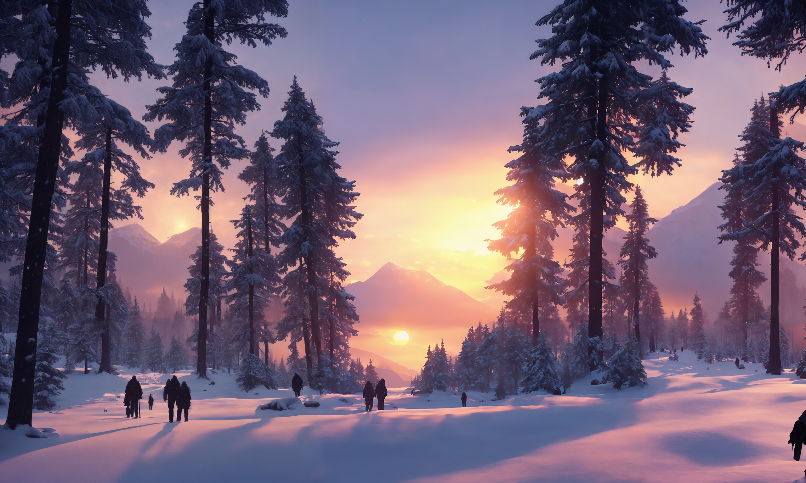 drawing of covered in snow greek large forest sunset at sunset , with people walking around, fine details, award winning i...