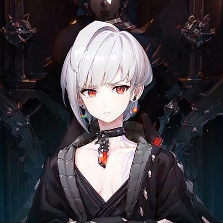 (masterpiece, best quality, ultra detailed:1.5) <lora:e7Haste-07:.9> 1boy, portrait, upper body, face, (solo:1.4), male focus, sky_background, bright, white_sky, day, outdoors, (short hair:1.5), choker, collar, from above, earring, jewelry, serious look, intense, angry, crossed arms, (from the front:1.2), looking at viewer