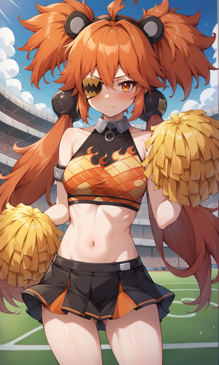 koleda, orange eyes, eyepatch, orange hair, ahoge, long hair, two-side up, low twintails, black bobbles, hair bobbles, fake animal ears, metal collar  crop top, sleeveless, flame print, asymmetrical gloves, fingerless gloves, jumpsuit around waist, loose belt, belt pouch, white pants, metal armbands, single elbow glove