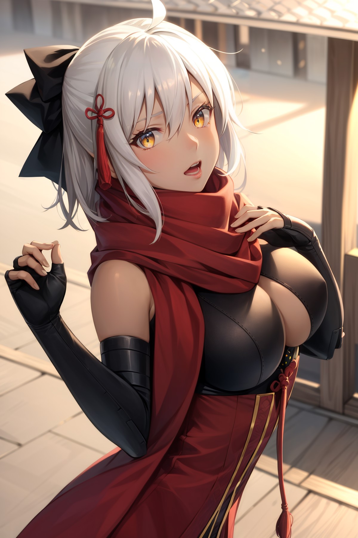 masterpiece, best quality, okita souji alter, short hair, hair bow, tassel, arm guards, red scarf, red dress, cleavage, ne...